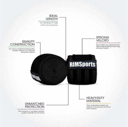 RIMSPORTS Black & Dark Gray Striped Knee Wraps Elastic Support for Weightlifting 2pk