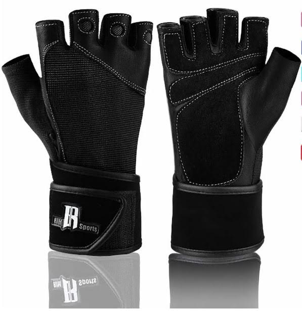 Rimsports Premium Leather Cross Training Wrist WRAP Gloves, Solid Black, M