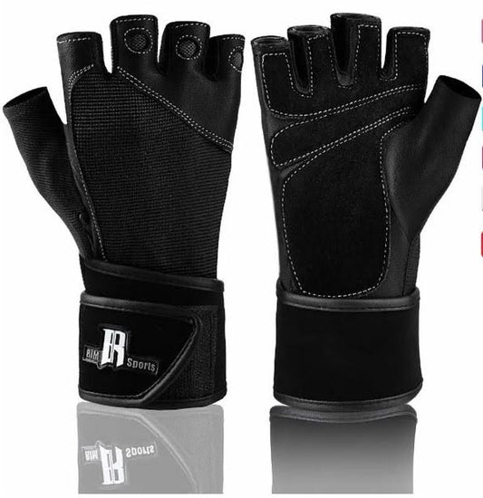 Rimsports Premium Leather Cross Training Wrist WRAP Gloves, Solid Black, M