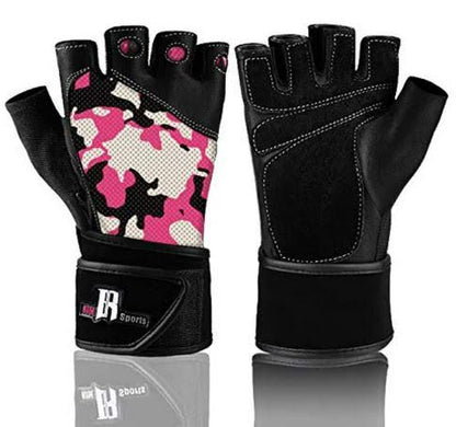 Rimsports Leather Cross Training Wrist WRAP Gloves HalfFinger Design CAMO Pink L