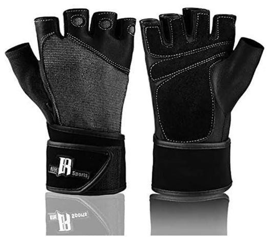 Rimsports Leather WeightLifting Gloves Half-Finger Design Black & Dark Grey, XL