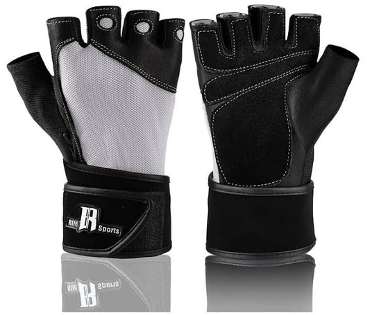 Rimsports Premium Leather Weightlifting Gloves HalfFinger Design Black & Grey, L